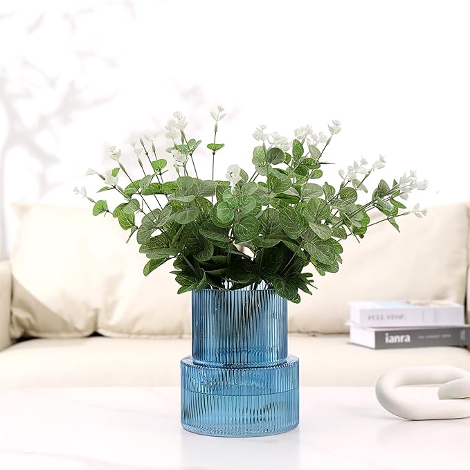 Blue Glass Vase, Ribbed Glass Vase for Tulips, Flower Vases for Bouquet, Blue Modern Vases for Living Room, Dining Table, Entryway, Mantle, Shelf, Wedding, Office, 7.5 Inches