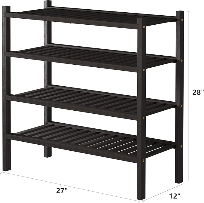4 Tier (Thick) Bamboo Shoe Rack for Closet Free Standing Wood Shoe Shelf for Entryway Small Space Stackable 27"x12"x28" (Black Brown)