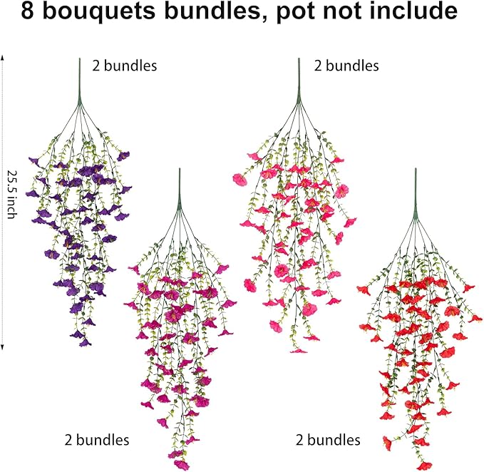 Artificial Hanging Flowers for Outdoor, 8 PCS Silk Morning Glory Faux Flowers with Eucalyptus Leaves,Realistic Hanging Plants for Wedding Home Office Garden Decor