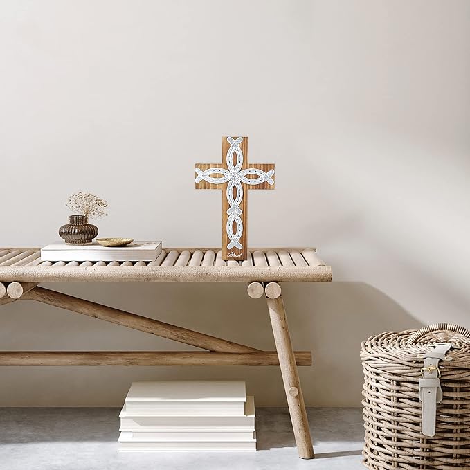 OKSQW Wall Cross Retro Catholic Wooden Hanging Baptism Crosses with Unique Metal Cross Spiritual Religious Cross with Hook 12" Blessed Letter Design Christmas Crucifix Gift for Church Home Wall Decor
