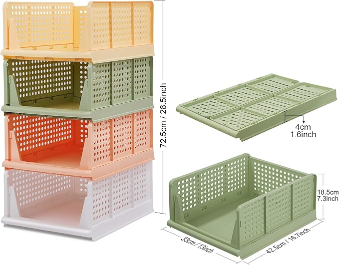 4-Pack Folding Wardrobe Storage Box Plastic Drawer Organizer Stackable Shelf Baskets Cloth Closet Container Bin Cube Home Office Bedroom Laundry Drawer Dividers for Clothes Toy Organization (Colorful)