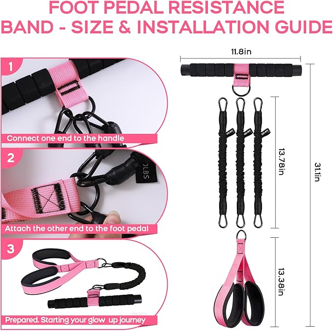 Multifunction Pedal Resistance Band with Handle, 3 Tube Adjustable 30/40/50LB Foot Pedal Puller Resistance Bands with Poster, Extended Length Tension Rope for Men Women Full Body Workout Home Gym