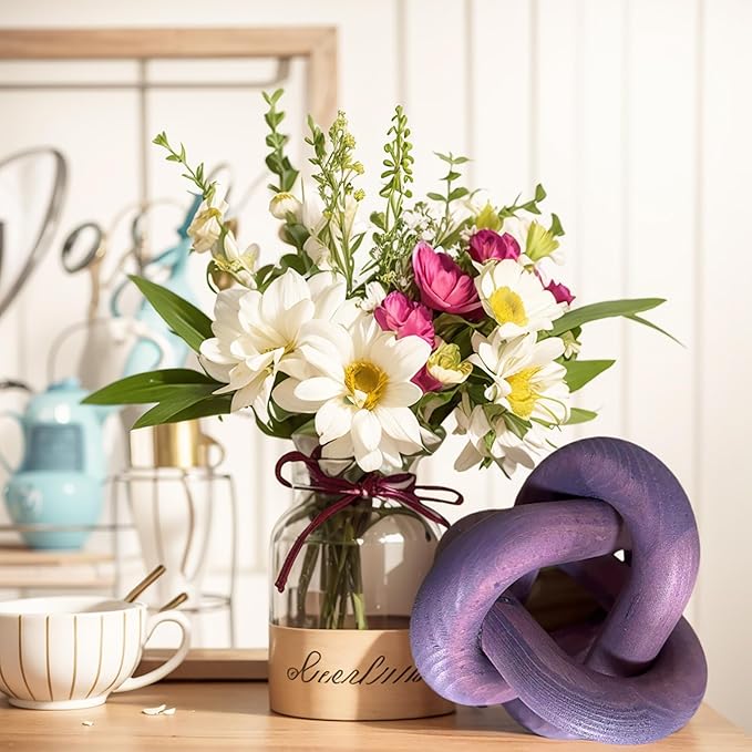 Wood Knot Chain Link Decor - 3 Link Boho Wooden Hand Carved Decorative Wooden Links Knots for Coffee Table Entryway Modern Farmhouse Shelf Decoration (Purple)