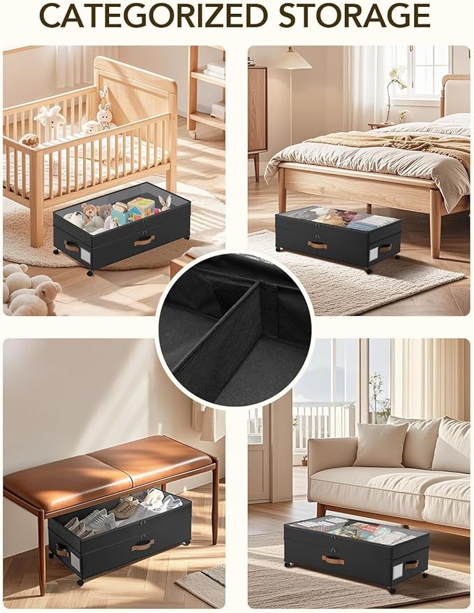 4 Pack Under Bed Storage with Wheels, Adjustable Height Storage Containers, 10 inches Large Capacity Rolling Underbed with Lids, Storage Drawers Shoes, Clothes, Blankets, Black