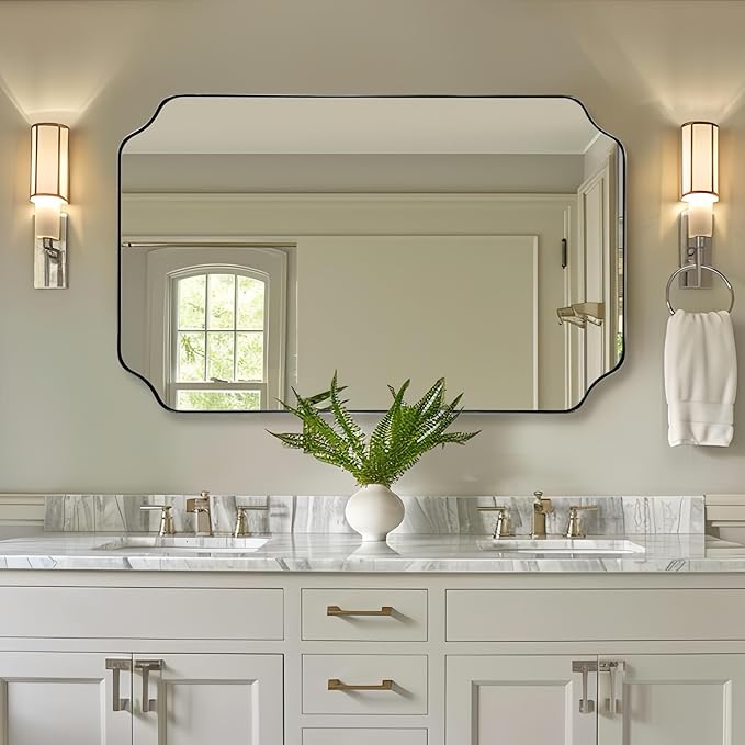 ANDY STAR 30x48 Inch Brushed Nickel Mirror, Large Silver Rectangle Mirror, Unique Scalloped Edge Design with Anti-Rust Stainless Steel Metal 1’’ Frame, Wall Mounts Vertically or Horizontally
