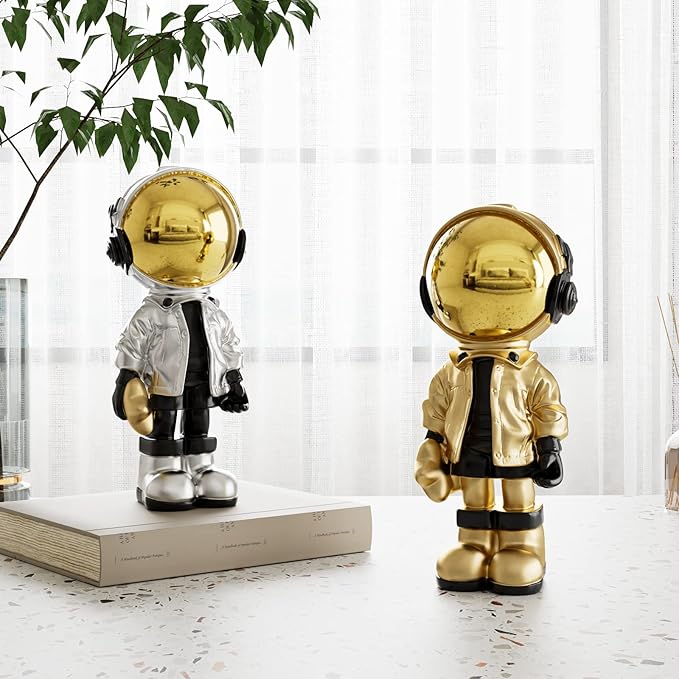 EZ4ENCE Figurine Statue Astronaut Sculpture Spaceman Decor,Sculpture for Home Decor,Arts Gold and Black Shelf Decoration,Cool Metal Mask Table Decor,Large Spaceman Figure Ornament