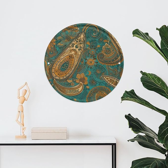Wall Picture, with Yellow Paisley Pattern Printed Circular Iron Hanging Picture,Wall Art Decor,Home for Bedroom Living Room Bathroom Decor,Iron Painting 11.8X11.8 in