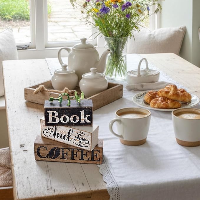 Moucuny 4 Pcs Farmhouse Table Decor Rustic Wooden "book and Coffee" Stacked Block Sign - Vintage Farmhouse Tiered Tray Decor with Coffee Cup & Bean Design, Perfect for Home Office Bookshelf Display