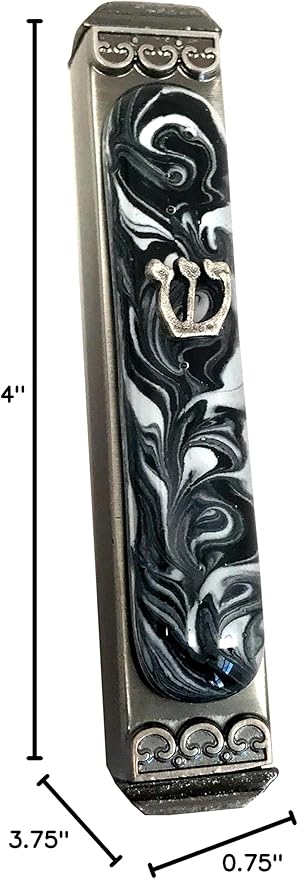 Mezuzah, Easy Mount, Art Glass on Metal Case *Gift Box and Non-Kosher Scroll Included* (Marbled Black White)