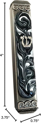 Mezuzah, Easy Mount, Art Glass on Metal Case *Gift Box and Non-Kosher Scroll Included* (Marbled Black White)