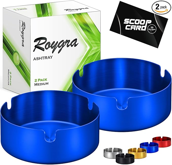 roygra Ash Tray (2 Pack), Outdoor Ashtray for Outside Patio, Stainless Steel Ashtrays for Cigarettes with 3 Holder, Smoking Accessories, Home Décor, Ashtrays for Smokers Indoor - Blue, Medium
