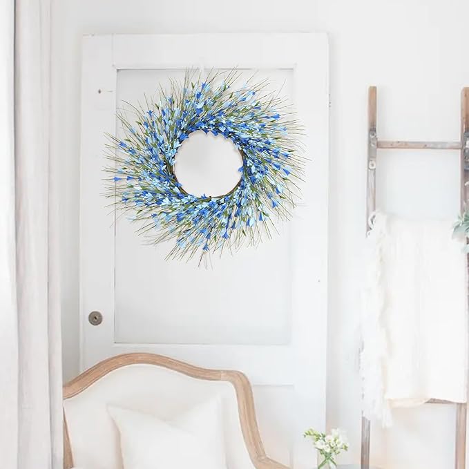GTIDEA Summer Wreaths for Front Door, 24 Inch Blue Floral Wreath with Grapevine Base, Silk Forsythia Flowers Wreath for Everyday Farmhouse Door Decor Porch Wall Window Indoor Outdoor