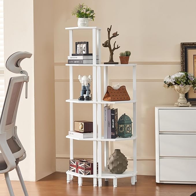 YUFAM 4-Tier Corner Shelf with Sturdy 5-Leg Base, Wooden Corner Bookshelf for Small Spaces, Corner Standing Shelf for Living Room, Bedroom, Office, White