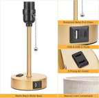 Dicoool Elegant Gold Bedside lamp for Bedroom - 3 Color Temperatures Small Table Lamp with USB C and A Ports, Pull Chain Table Lamps with AC Outlet, Cream Nightstand Lamps for Kids Reading Study