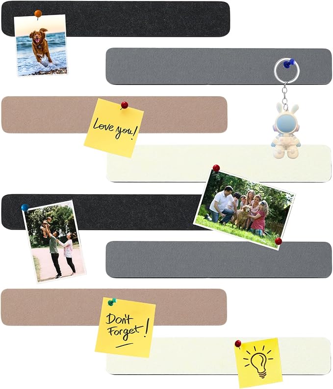 8Pcs Rectangle Felt Cork Board Bar Strips with 35 Pushpins, Self-Adhesive Bulletin Board Strips for Office School Home Wall Decor Stickers Memos Schedules Photos Display -Camel & Grey