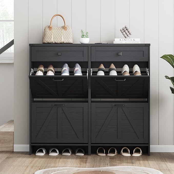 Shoe Cabinet with 4 Flip Drawers & 2 Drawers,Farmhouse Shoe Storage Cabinet for Entryway,Slim Freestanding Organizer Rack for Front Door Entrance,Black