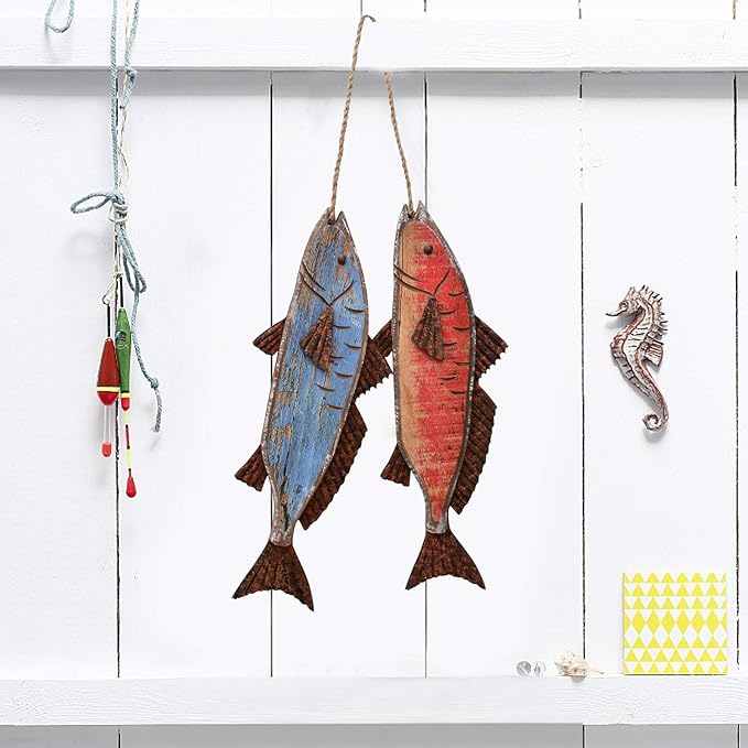 Antique Wood Fish Decor Decorative Wooden Hanging Fish Nautical Indoor Outdoor Decorations Wall Art Ornament (Set of 2)