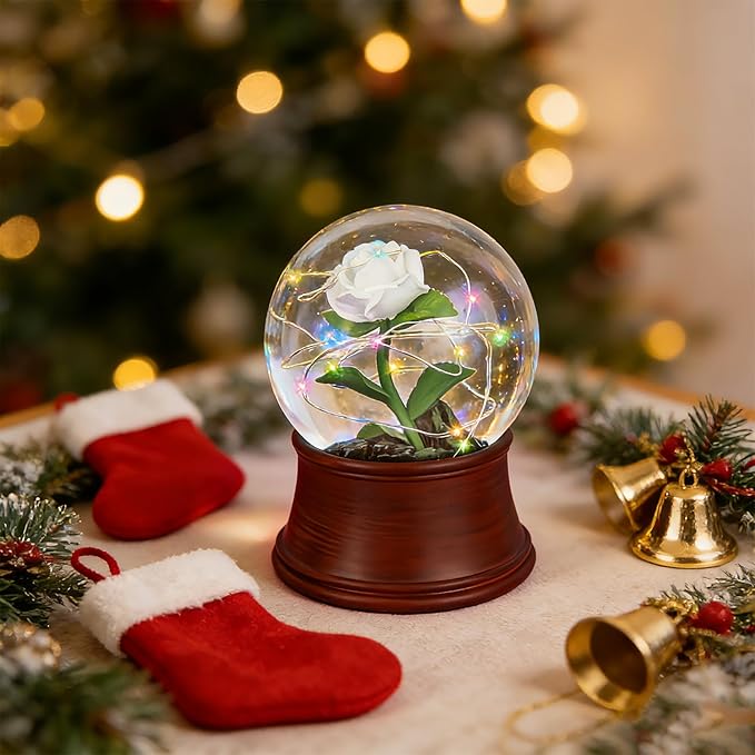 Rose Snow Globe Music Box, Preserved White Rose Flower Musical Snow Globes, LED Light Up Rose Snowglobe Water Globe Romantic Gift for Women Girls in Mother's Day, Anniversary, Christmas