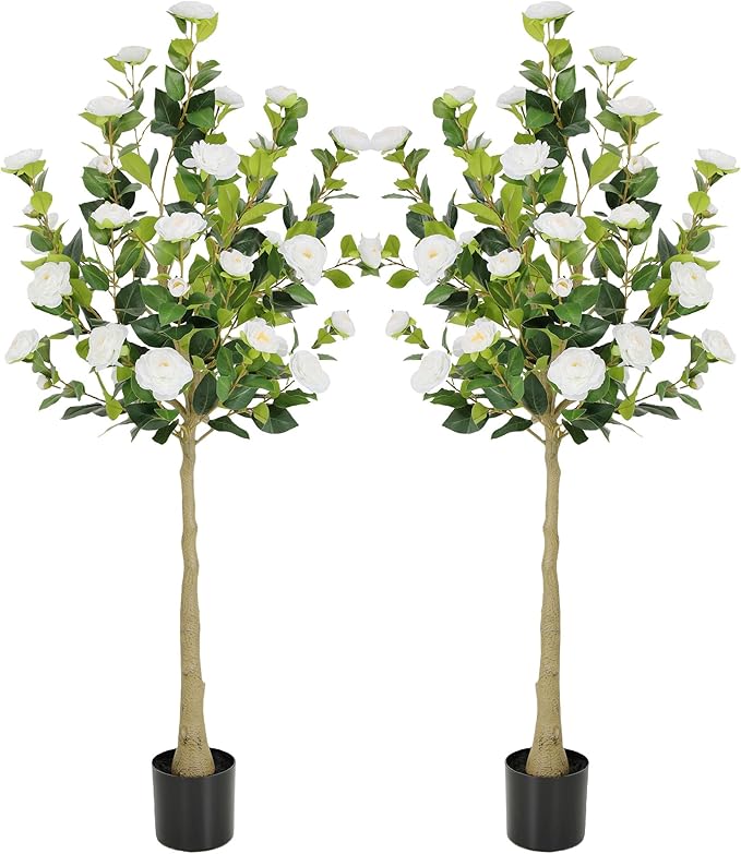 Bellacat 5ft Artificial Camellia Tree with Silk White Flowers, 60in Faux Camellia Plant with Lifelike Trunk, Fake Flower Tree Potted Front Door Plants for Porch Patio Deck Living Room Decor, 2Pack