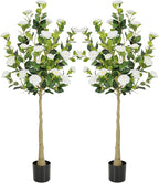 Bellacat 5ft Artificial Camellia Tree with Silk White Flowers, 60in Faux Camellia Plant with Lifelike Trunk, Fake Flower Tree Potted Front Door Plants for Porch Patio Deck Living Room Decor, 2Pack