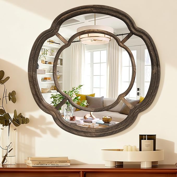 Irregular Wall Mirror, Round Wavy Hanging Mirror Circle Wooden Framed Decorative Mirrors 20 Inch for Living Room Hallway Entryway Decor Mirrors