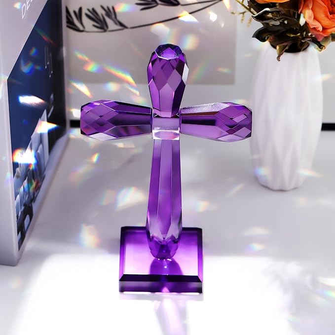 YWHL Crystal Cross Decor, Religious Gifts for Women Men, Handmade Holy Cross for Easter Pary, Art Collectible Figurines for Home Table (Purple)