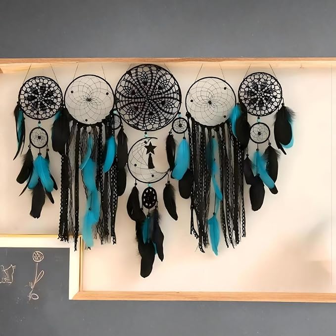 Dream Catcher Wall Decor,Large Boho Dream Catcher with Luxurious Feathers & Beads, Handmade Wall Hanging for Bedroom,Living Room, Gift Ready for Girls & Adults (Black-Blue)