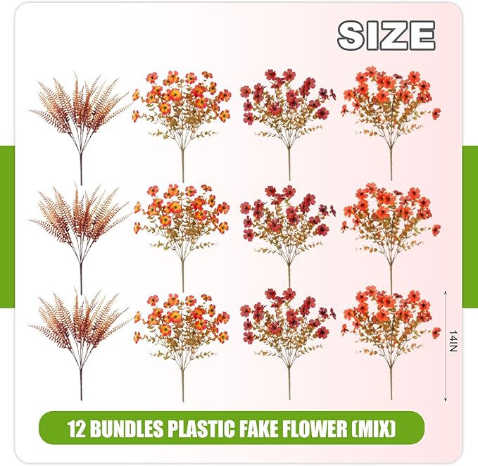 12 Bundles Fake Mums Fall Flowers Artificial for Outdoors Decoration Artificial Mums Faux Plants Daisy for Outdoor Outside Planters UV Resistant Violets for Fall Decor Home Porch Door Front Patio Yard