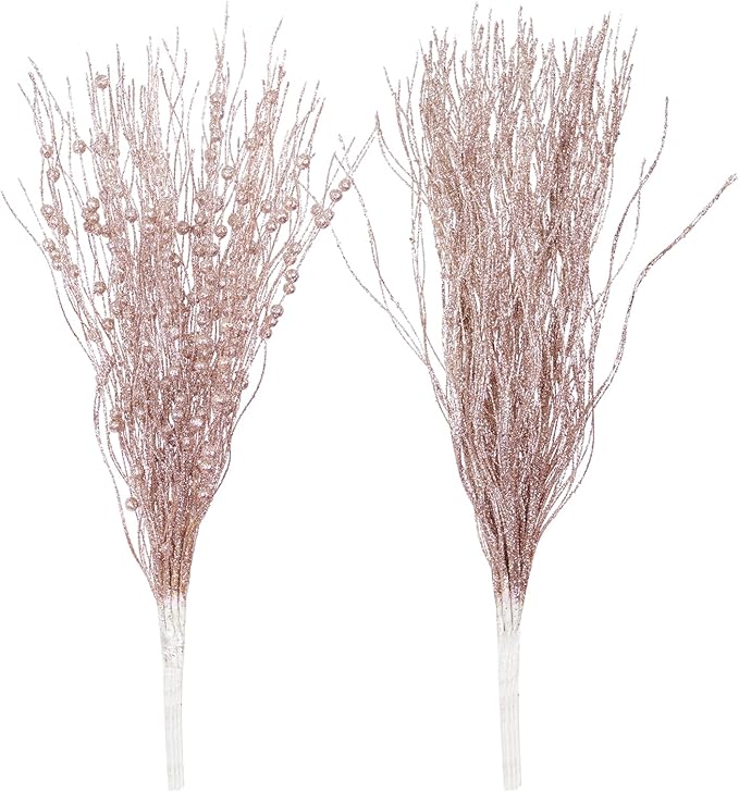 SLK 16-Pack Artificial Glitter Berry Stem Ornaments, Christmas Decorative Glittery Twigs, Picks, Branches for Tree, Wreath, Small Vase, Halloween Party (Rose Gold)