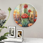 Decorative Plates for Wall Hanging, Cactus & Colorful Sky Stained Glass Design Ceramic Plate w/ Display Stand, Home Decor for Kitchen Cabinets, Farmhouse Round Tray 8 Inch, Gift for Cactus Lover