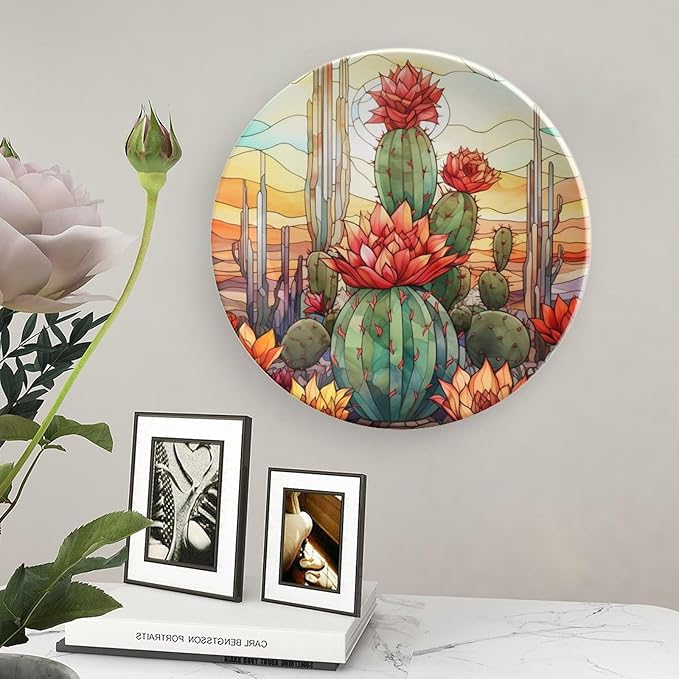 Decorative Plates for Wall Hanging, Cactus & Colorful Sky Stained Glass Design Ceramic Plate w/ Display Stand, Home Decor for Kitchen Cabinets, Farmhouse Round Tray 8 Inch, Gift for Cactus Lover
