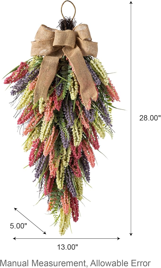 Glitzhome Pink, Purple & Yellow Mixed Heather Teardrop Swag 28" Artificial Spring Teardrop Swag Wreath for Front Door Porch Wall Window Decor