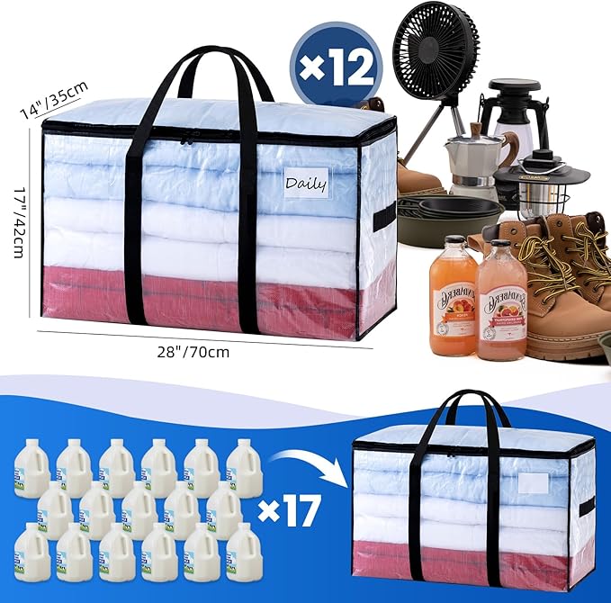 TAILI Extra Large Moving Bags, 12 Pack Clear Heavy Duty Totes For Storage with Visible Window, Wrap Around Handles, Storage Bags for Space Saving, Alternative to Moving Boxes