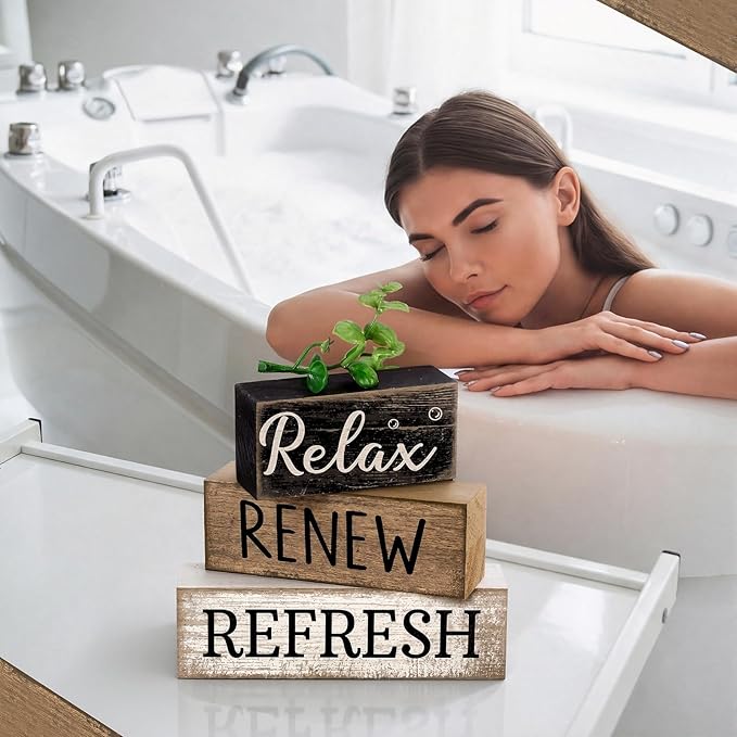 Moucuny 4 Pcs Bathroom Shelf Decor Sign Farmhouse Bathroom Decor and Accessories Rustic Eucalyptus Leaves Block Sign Gift Relax Renew Refresh Farmhouse Table Centerpiece for Home Office Toilet