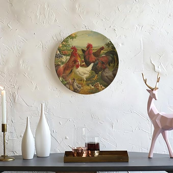 Rooster Decorative Ceramic Plates, 10 Inch, Rooster Hen Chick White Chicken Gathering Round Display Plate, Decorative Plates with Stand, for Home Kitchen Bedroom Decorative Ornaments