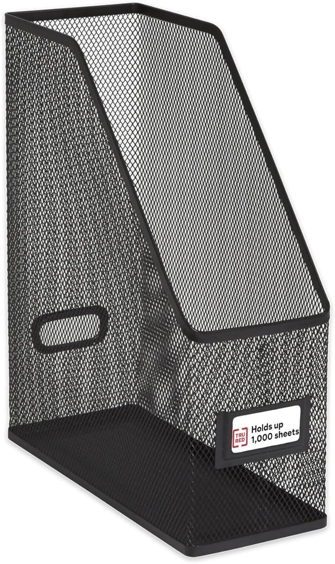 Staples TRU RED Metal Magazine File Organizer, Black - Top - Loading Desktop File Holder with Handle, Holds Up to 1000 Sheets