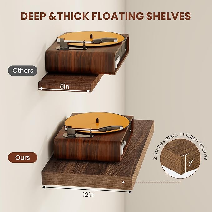 Vivelove Farmhouse Floating Shelves for Wall 12 Inch Deep, 36" X 12" X 2" Floating Shelf, 2 Inch Thick Shelf for Living Room Bathroom Bedroom Kitchen, Rustic Farmhouse Decor Set of 2, Walnut