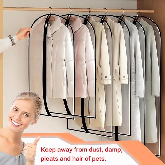 Clear Garment Bags for Hanging Clothes Travel (Set of 6) Suit Bags for Closet Storage Clothes Storage Bags Closet Cover for Open Closet with Zipper for Coats, Jackets, Shirts