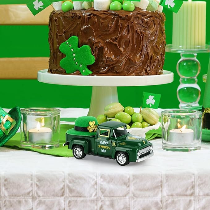 Vintage St. Patrick's Day Mini Metal Truck Four Leaf Truck with Green Hat Diecast Pickup Tiered Tray Decor with Shamrock for Farmhouse Shelf Table Home Decor