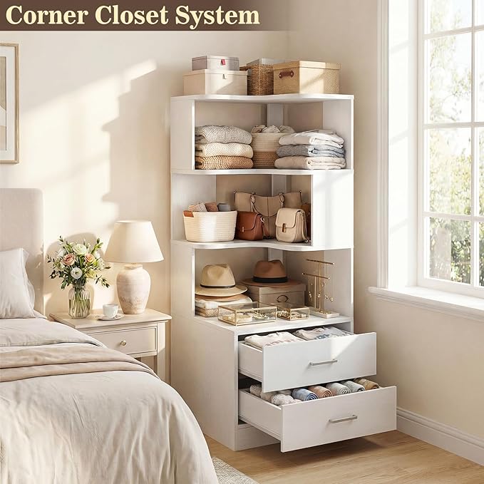 Armocity Corner Bookshelf with Drawers, 6 Tier Corner Book Shelf Display Bookcase, Freestanding L Shaped Bookshelf for Bedroom, Living Room, Home Office, White