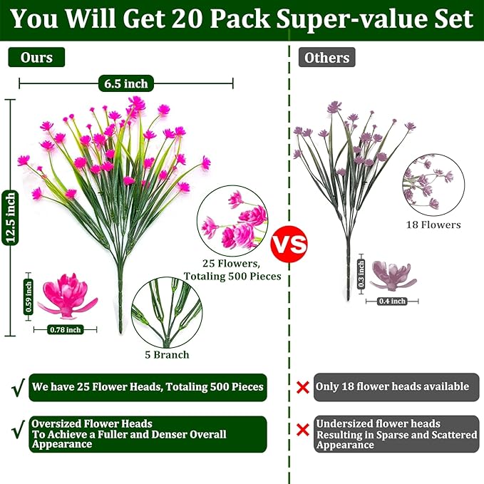 TURNMEON 20 Bundles Artificial Flowers for Outdoors Fake Plants Spring Decor, UV Resistant Artificial Plants Cemetery Flowers Faux Plastic Greenery Shrub for Porch Yard Summer Decor 500 Heads(Pink)