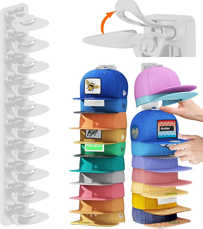 AXU 2 Pack Hat Organizer for Baseball Caps, Hat Rack for Wall (White)