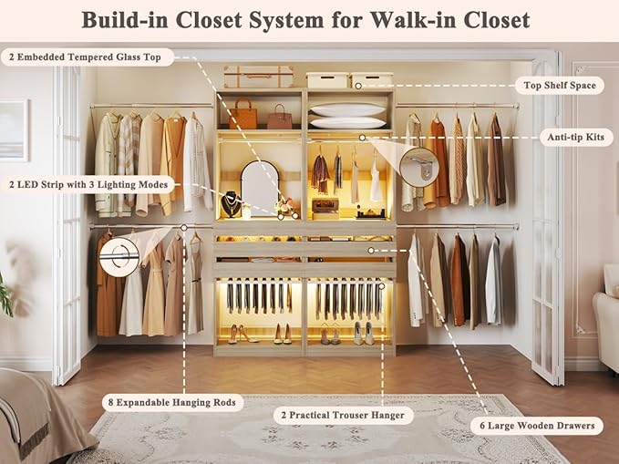 Closet System Set of 2, 5.7-10.4FT Closet Organizer System with 6 Wood Drawers & LED Glasstop, Wood Walk-in Closet with 10 Hanging Rods & 2 Trouser Rack, Built-in Garment Rack with Shelves, White Oak