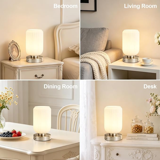 LightRound Cordless Table Lamp for Bedroom, 7500mAh Rechargeable Small Battery Lamp, Modern Touch Dimmable Wireless Lamp Brushed Nickel Base White Glass Shade for Living Room, Desk, Led Bulb Included