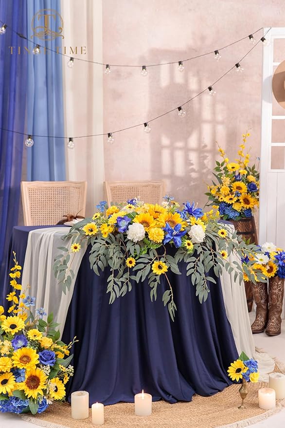 TINGE TIME Artificial Sweetheart Flower Swag with Tablecloth and Table Runner, Pack of 3 Floral Arrangement for Wedding Sweetheart Table Centerpiece Decoration Valentine's Day (Sunflower&RoyalBlue)