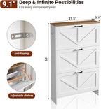 Nicetree Shaker Barn Door Shoe Storage Cabinet for Entryway, 3 Flip Drawers & 3-Tier Adjustable Shelves, Ultra Slim Freestanding, Modern Rustic Brushed White Farmhouse Shoe Rack for Hallway, Foyer