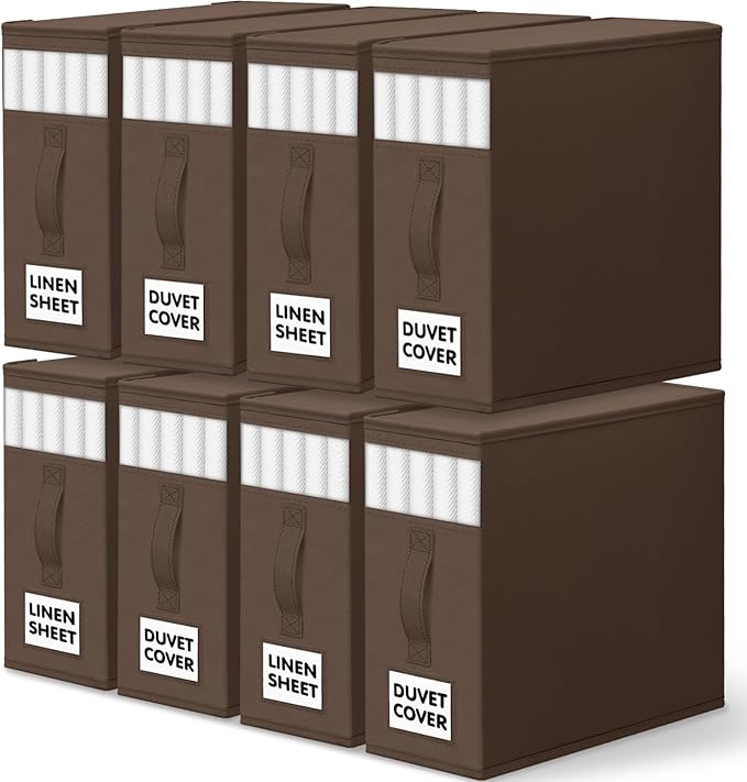 WOWBOX Sheet Organizers and Storage,Closet Bed Sheet Organizer Under Bed Storage and Organization with Label Cards & Clear Window for Bedding Sheets,Duvet Covers,Blankets (8 Pack，Brown)