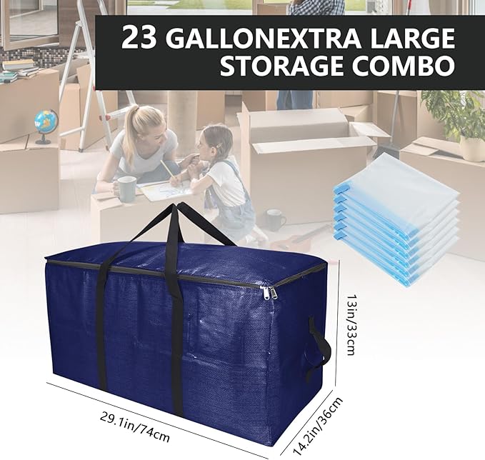 Extra Large Storage Bags Set Heavy Duty Moving Totes Strong Handles, Waterproof Dual-Way Carrying Design For Dorm Room Essentials,Christmas Storage bag(Blue,4 Moving bag & 10 Vacuum Seal Bags)