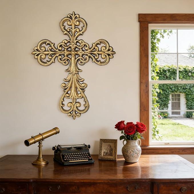 Sungmor Vintage Cast Iron Cross Wall Decor, 13.8" Tall Heavy Duty Rustic Gold Finish Wall Sculpture,Ornate Metal Art Farmhouse Home Decor