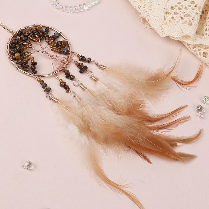 Pretty Jolly Small Tree of Life Crystal Stone Dream Catchers Brown Feathers Mini Dreamcatchers for Cars Rear View Mirror Hanging Decoration Good Luck Travel Charm Bedroom Ornaments for Women Girls
